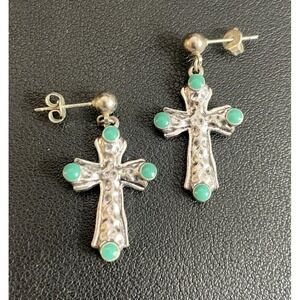Cross Dangle Pierced Earrings Silver Tone Teal Christian Easter Jewelry
